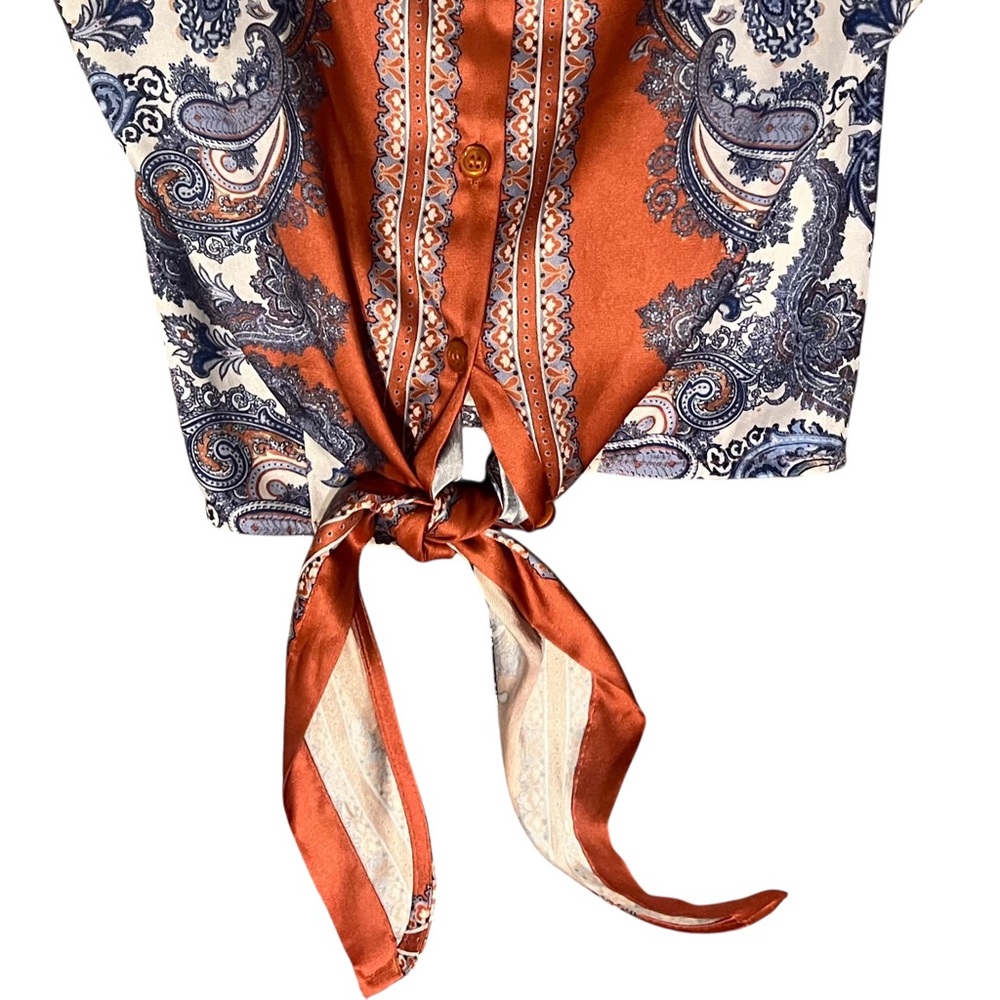 H&M Orange Blue Tie-Front Button Up Crop Camisole Size 0 - Picture 4 of 9